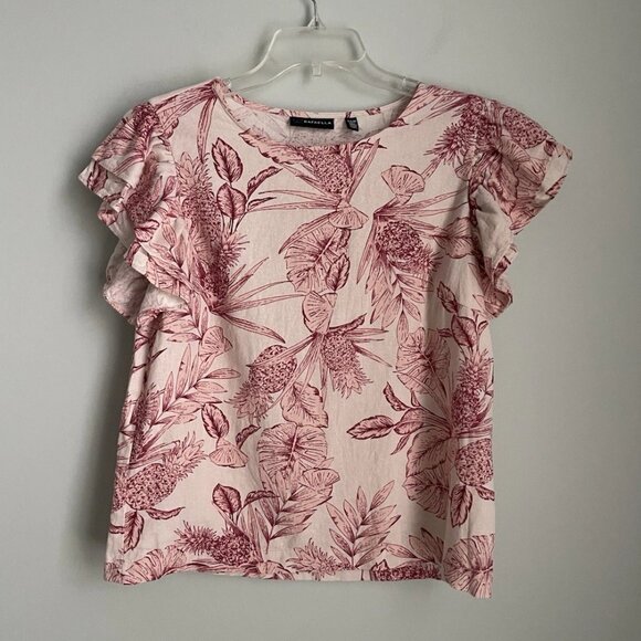 Rafaella Pink Linen Blend Ruffle Sleeve Top Tropical - Picture 1 of 6
